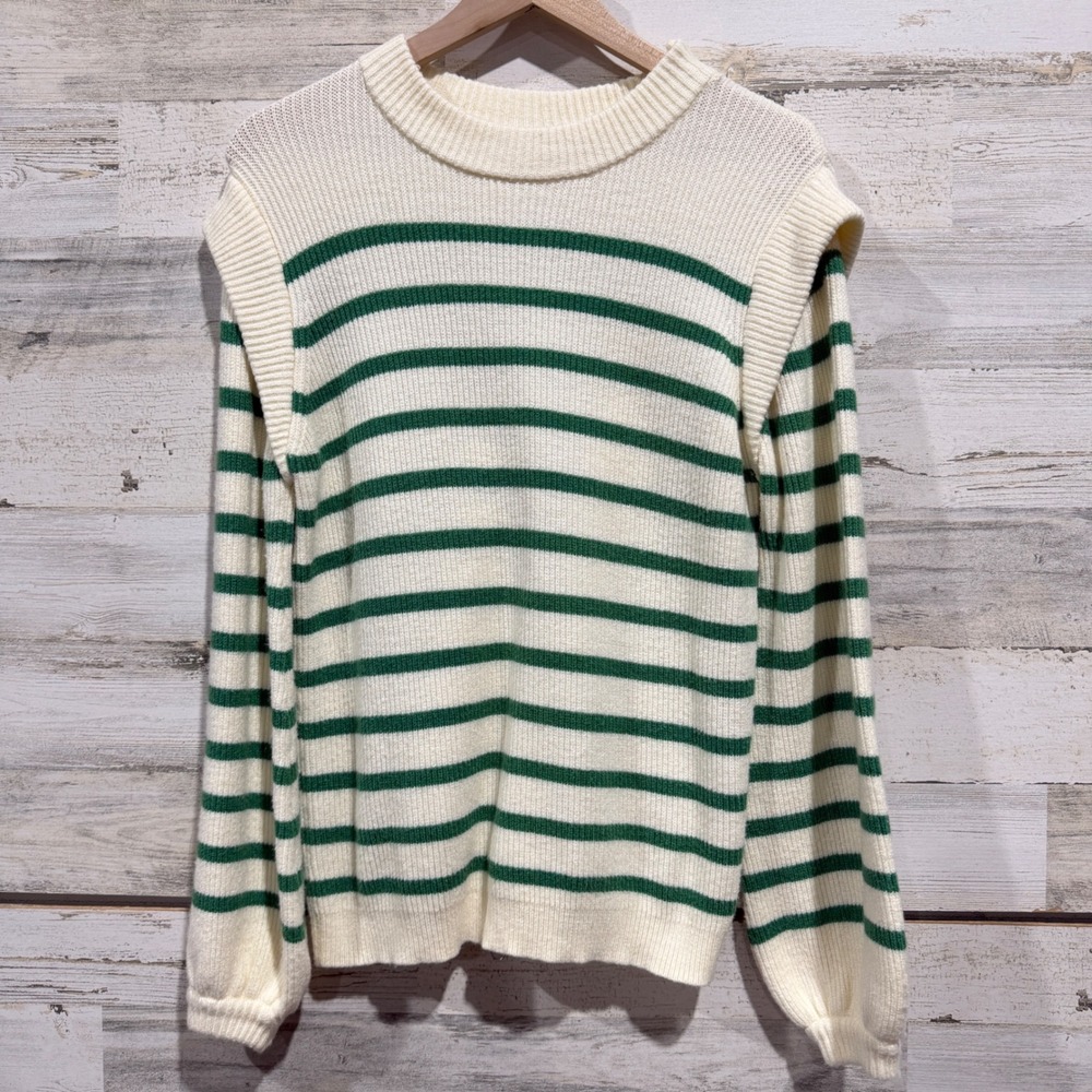PrettyGarden Sweater Women S Green White Striped Cap Sleeve Detail Preppy EUC